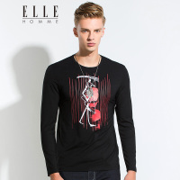 ELLEHOMME男装长袖T恤秋冬新款个性圆领手绘人物印花T恤男黑色