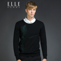 ELLEHOMME男装针织衫秋冬新款时尚羽毛绣花修身长袖针织衫黑色