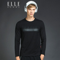 ELLEHOMME男装秋冬新款个性字母涂胶印花圆领长袖T恤潮黑色