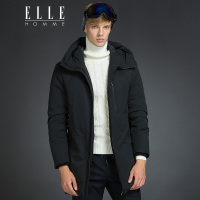 ELLEHOMME男装羽绒服秋冬新款个性分割设计长款连帽羽绒服黑色