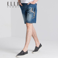 ELLEHOMME男装牛仔短裤男2018春夏新款潮流绣花修身牛仔短裤潮蓝色