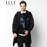 ELLEHOMME男装毛呢大衣男时尚中长款连帽拼接毛呢大衣秋冬新款黑色
