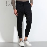 ELLEHOMME男装分割线设计后右袋唇小皮牌点缀修身收口九分裤黑色