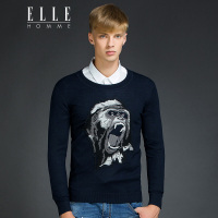 ELLEHOMME男装针织衫新款个性圆领狒狒咆哮头像绣花针织衫男藏青