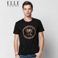 ELLEHOMME男装短袖T恤男时尚肌理皮纹印花圆领T恤新款百搭黑色