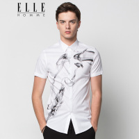 ELLEHOMME男装短袖衬衫春夏新款男士泼墨水母印花短袖休闲衬衫潮白色