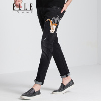 ELLEHOMME牛仔裤男修身夏季新款潮流休闲音乐刺绣直筒牛仔裤潮黑灰