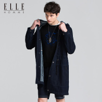 ELLEHOMME男装牛仔风衣个性连帽多袋抽绳款休闲舒适牛仔风衣蓝色