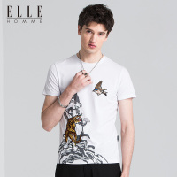 ELLEHOMME短袖T恤男潮时尚2018个性老虎刺绣图案青年圆领新款T恤
