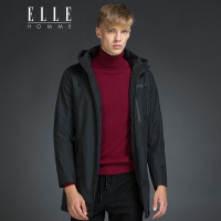 ELLEHOMME男装风衣秋冬新款时尚中长款连帽修身男士外套黑色