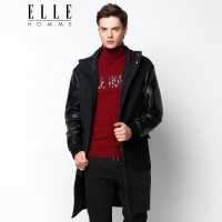 ELLEHOMME男装毛呢大衣男潮流修身中长款连帽拼接大衣外套秋冬新黑色
