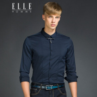 ELLEHOMME男装个性领尖装饰金属件羽毛前片分割拼缝翻领长袖衬衫