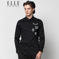 ELLEHOMME男装长袖衬衫男性贴标刺绣翻领长袖休闲衬衫春夏新款黑色