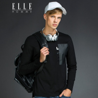 ELLEHOMME男装长袖T恤男士圆领百搭字母体恤男青年时尚套头衫潮黑色