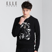 ELLEHOMME卫衣男圆领时尚修身打底春季新款抽象图案潮流套头卫衣黑色