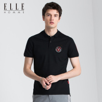 ELLEHOMME黑色Polo衫男短袖时尚纯色男青年个性胸口徽章翻领T恤