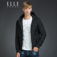 ELLEHOMME男装羽绒服秋冬新款个性标时尚修身短款连帽羽绒服黑色