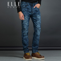 ELLEHOMME男装激光印花迷彩图案皮牌秋冬新款牛仔长裤蓝色