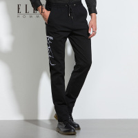 ELLEHOMME男装休闲裤秋冬新款时尚右侧缝人物绣花修身长裤黑色