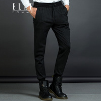 ELLEHOMME男装秋冬新款贴标设计松紧腰头螺纹收口九分裤潮黑色