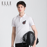 ELLEHOMME短袖Polo衫男时尚纯色男青年个性胸口徽章翻领保罗衫潮