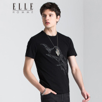 ELLEHOMME短袖体恤男时尚个性音乐主题印花图案新款圆领半袖T恤黑色