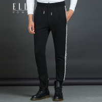ELLEHOMME男装休闲九分裤男士时尚印花束脚休闲裤男青年百搭裤子黑色