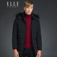 ELLEHOMME男装羽绒服秋冬新款时尚长款修身带毛帽纯色羽绒服黑色