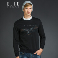 ELLEHOMME男装卫衣秋冬新款时尚圆领个性老鹰刺绣长袖套头衫黑色
