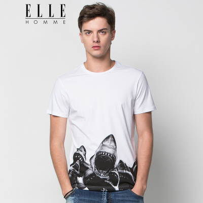 ELLEHOMME男装短袖T恤男个性鲨鱼图案数码印花圆领T恤夏季新款