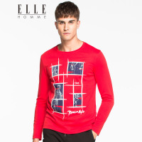 ELLEHOMME男装长袖T恤秋冬新款时尚潮流圆领修身人物印花T恤