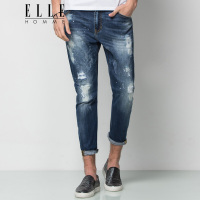 ELLEHOMME男装牛仔裤男潮流水洗青年修身牛仔九分裤新款蓝色