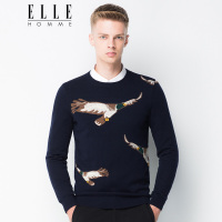 ELLEHOMME男装针织衫男时尚圆领老鹰图案修身长袖羊毛衫春秋新款藏青