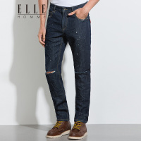 ELLEHOMME男装时尚直筒破洞水洗牛仔长裤闪电甩点秋冬新款蓝色
