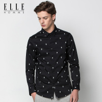 ELLEHOMME男装长袖衬衫男时尚印花修身薄款长袖休闲衬衣春夏新款