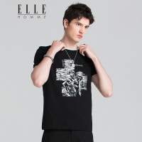 ELLEHOMME短袖T恤男士时尚拉浆印花抽象图案夏季新款半袖T恤潮