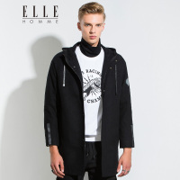 ELLEHOMME男装大衣秋冬新款时尚装饰标连帽廓形款毛呢大衣潮黑色