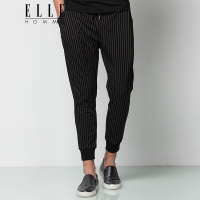 ELLEHOMME男装休闲裤男时尚抽绳条纹收脚九分针织休闲裤春夏新款黑白条