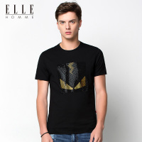 ELLEHOMME男装短袖T恤男潮流个性图案烫钻圆领短袖T恤夏季新款黑色