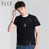 ELLEHOMME男装短袖T恤男个性泼墨植物印花烫钻圆领T恤夏新款
