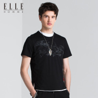 ELLEHOMME男装T恤2018春夏新款时尚圆领个性云端雄鹰图案短袖T恤