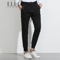 ELLEHOMME男装休闲裤秋冬新款时尚拼接收口松紧腰头九分裤黑色
