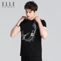 ELLEHOMME短袖T恤男时尚2018新款个性印花雄鹰海马图案短袖T恤