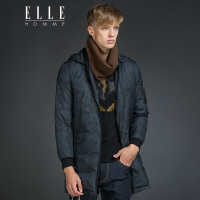 ELLEHOMME男装白鸭绒羽绒服秋冬新款男士棒球领迷彩印花连帽长款