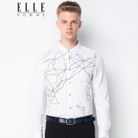 ELLEHOMME男装长袖衬衫男修身时尚印花休闲字母衬衣秋季新款本白