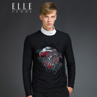 ELLEHOMME男装T恤秋冬新款时尚圆领个性立体感鹰头长袖T恤黑色