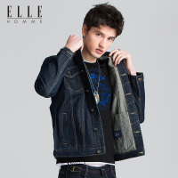 ELLEHOMME男装牛仔夹克外套秋新款闪电元素时尚绣花水洗茄克蓝色