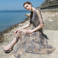 千柏年真丝连衣裙中长款度假裙收腰优雅飘逸v领印花桑蚕丝长裙