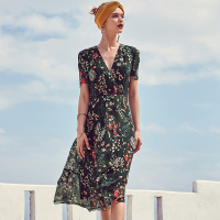 千柏年真丝印花连衣裙2018收腰显瘦度假裙气质名媛v领桑蚕丝裙子