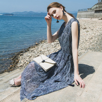 千柏年夏季真丝连衣裙2018新款海边度假裙无袖v领印花桑蚕丝长裙